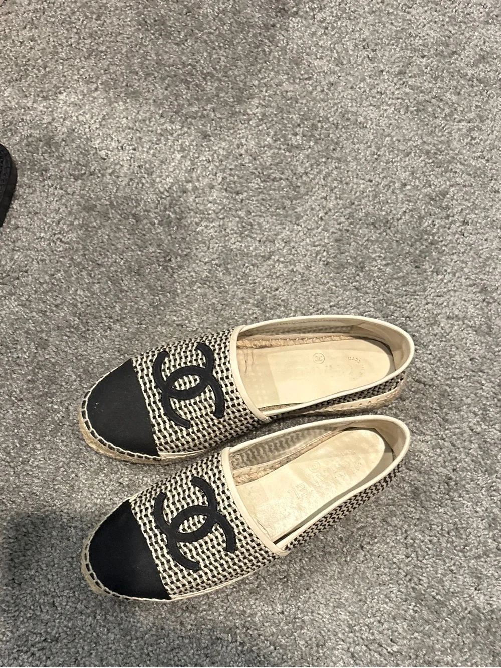 CHANEL Black and Natural Woven Espadrille Flats